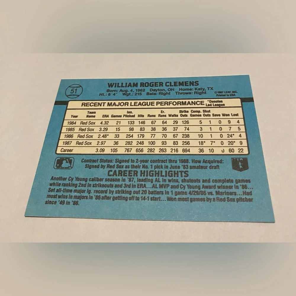Roger Clemens 1988 Donruss Baseball Card # 51 Boston Red Sox Vintage Collectible